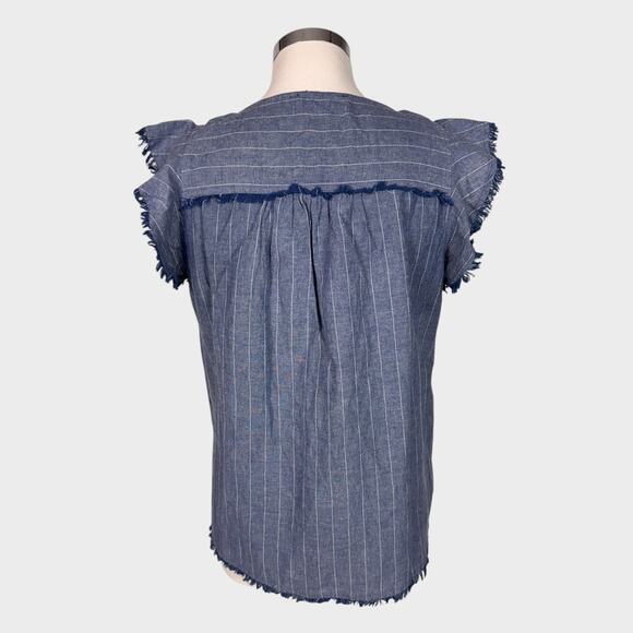 Doe & Rae Large Blue White Stripe Ruffle Cap Sleeve Frayed Edge Top - Picture 5 of 8